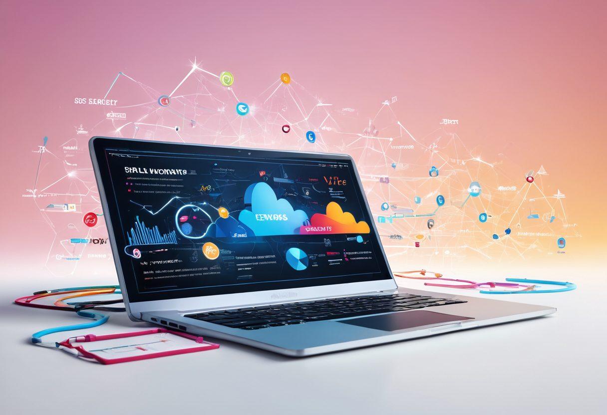 A digital landscape filled with search engine icons and SEO elements like keywords and analytics graphs, intertwined with bright pathways leading to an illuminated search bar. This backdrop symbolizes the journey of mastering online visibility, with a diverse group of people collaborating with laptops, analyzing data, and strategizing. Emphasize a harmonious blend of technology and teamwork in a vibrant color scheme. super-realistic. vibrant colors. white background.