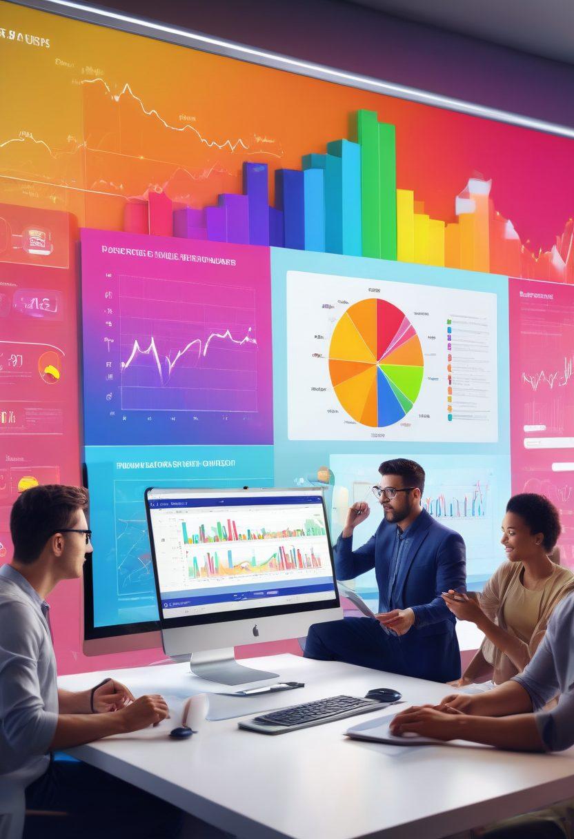 A dynamic scene of a diverse group of digital marketers collaborating around a large screen displaying colorful graphs and website analytics. Include elements like social media icons, search engines, and traffic charts floating around them. The atmosphere should feel energetic and innovative, symbolizing growth and collaboration. Bright colors to evoke excitement and motivation. super-realistic. vibrant colors. 3D.