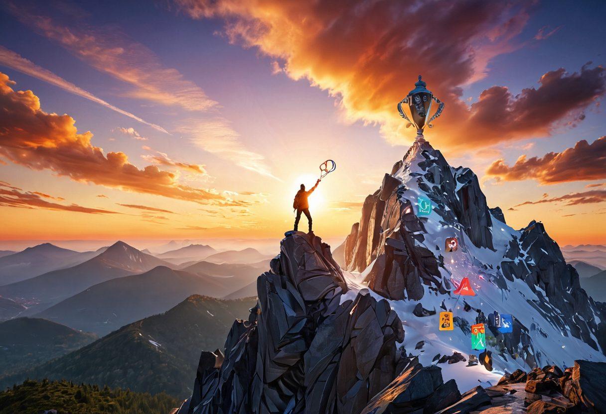A dynamic scene illustrating a person climbing a mountain made of search engine result links, with a glowing trophy at the summit symbolizing success in SEO. Include elements like a digital compass pointing to best practices and keywords floating in the air as clouds. The background features a vibrant sunrise representing new opportunities. super-realistic. vibrant colors. 3D.